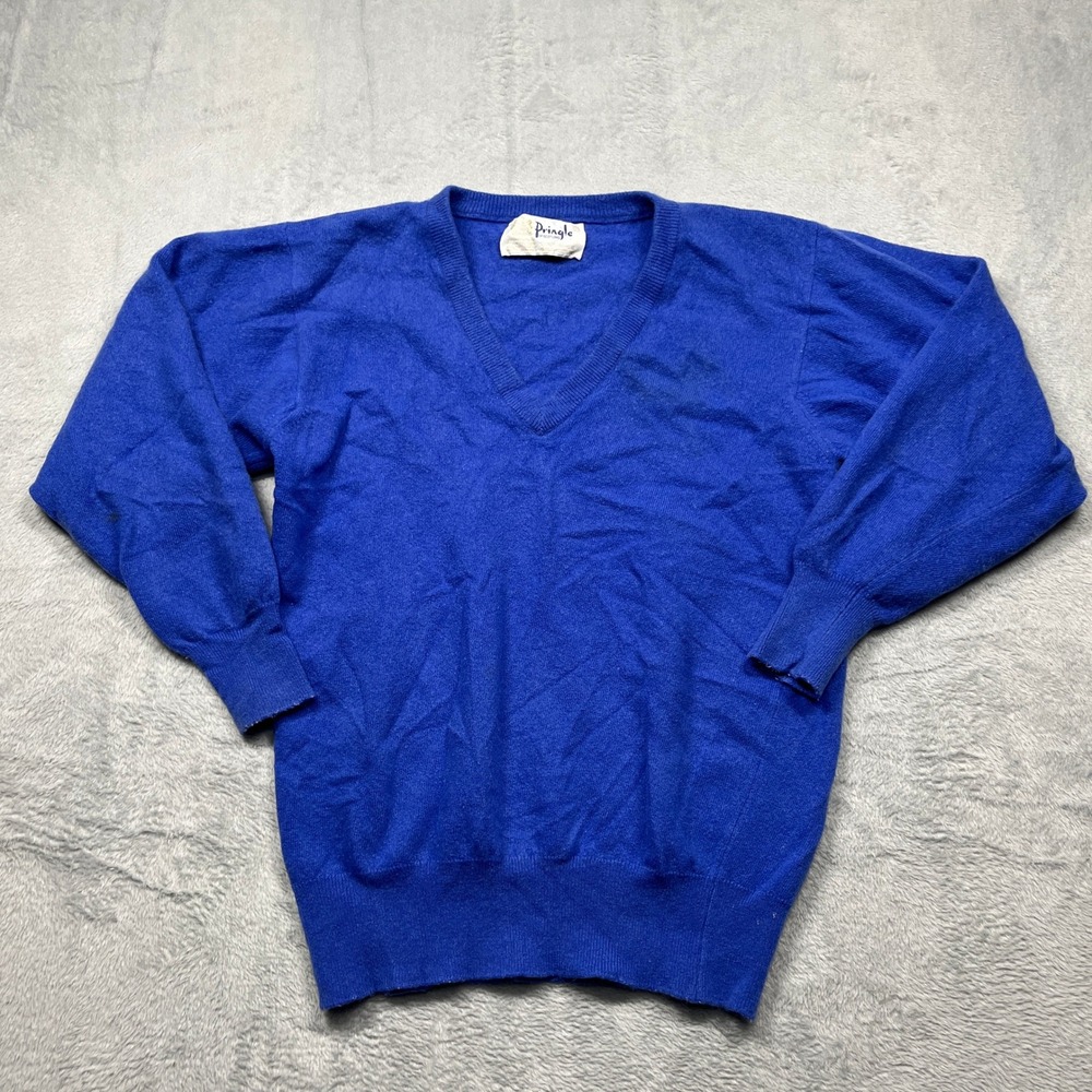 VTG 70s Pringle of Scotland Sweater Women Royal Blue 100% Cashmere V-Neck S